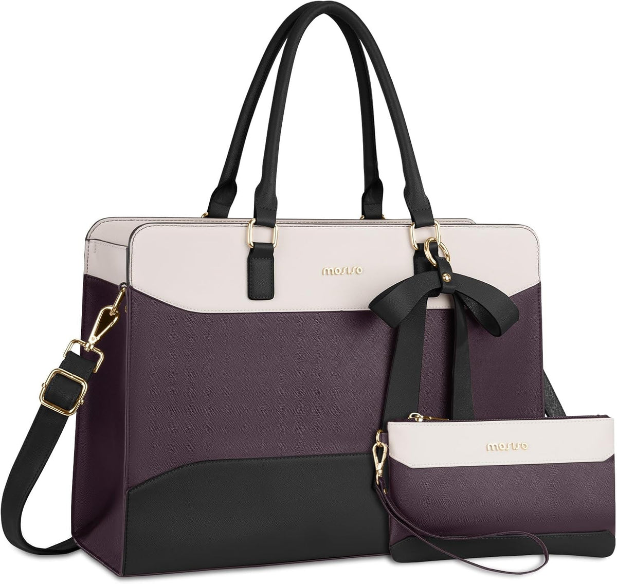 MOSISO PU‑Leather Women Laptop Tote Shoulder Bag, Multi‑Compartment Work Bag for 15.6‑17.3 Inch Laptops