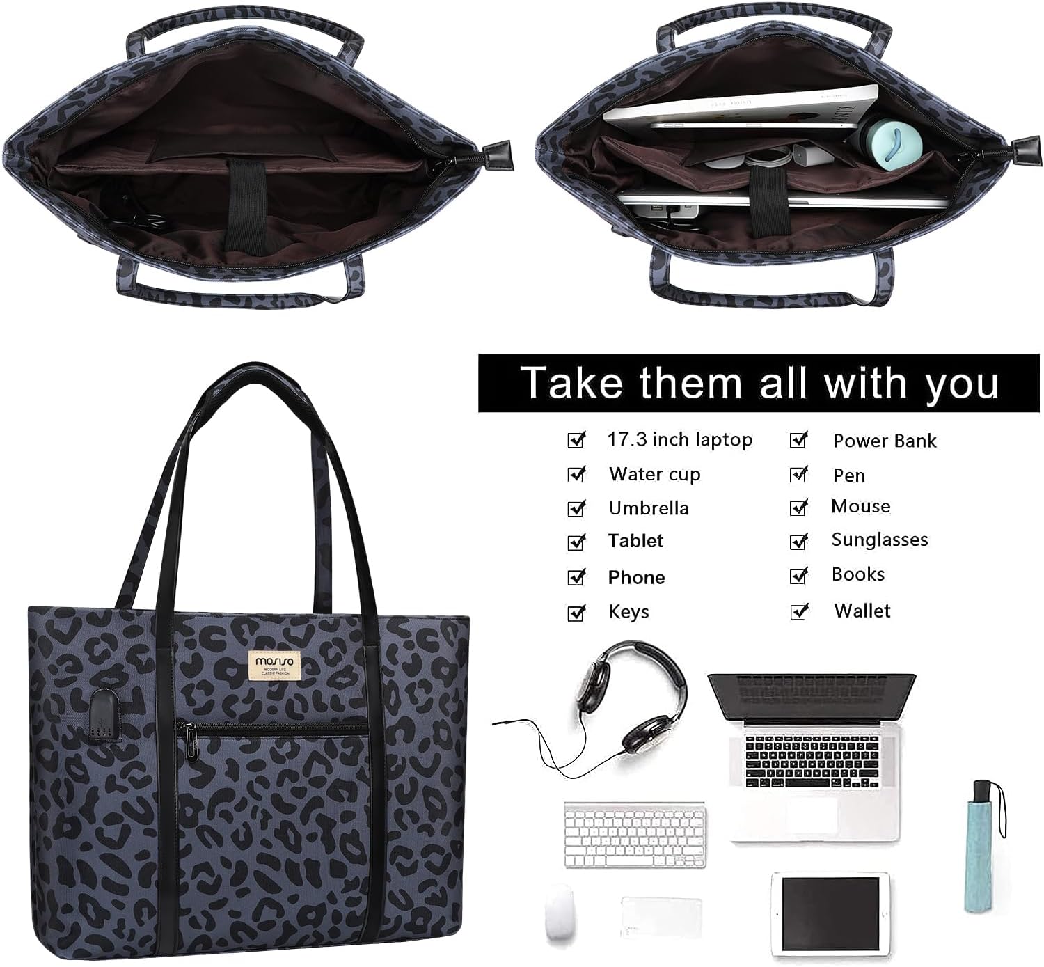 MOSISO USB Charging Port Laptop Bags for Women, Compatible with MacBook, 17-17.3 inch Notebook and Chromebook, Leopard Grain Work Tote Bag Travel Handbag Business Computer Bag with Small Purse, Black iMosiso