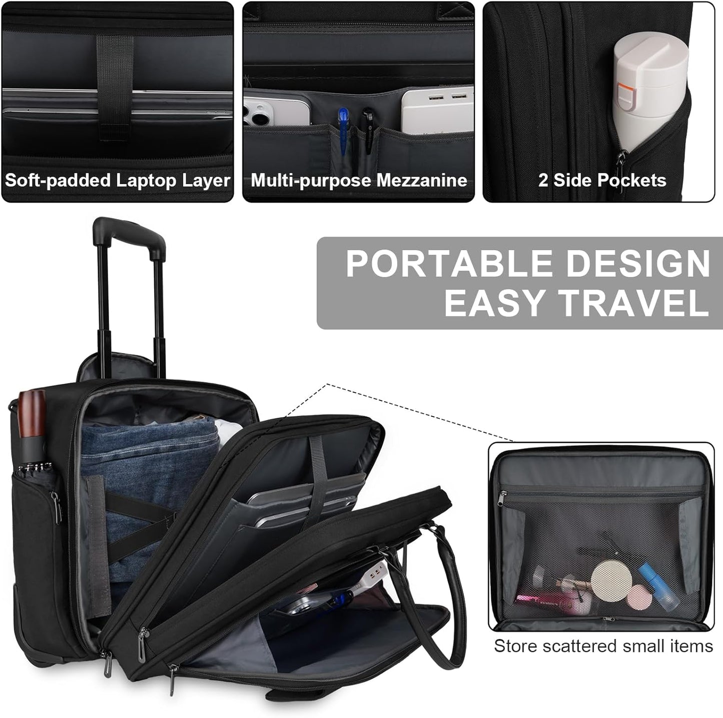 MOSISO Rolling Laptop Bag, 15.6 inch Rolling Briefcase for Women Men, Expandable Overnight Computer Bag with Flapover Pocket & Belt on 2 Wheels for Work Travel Business, Black