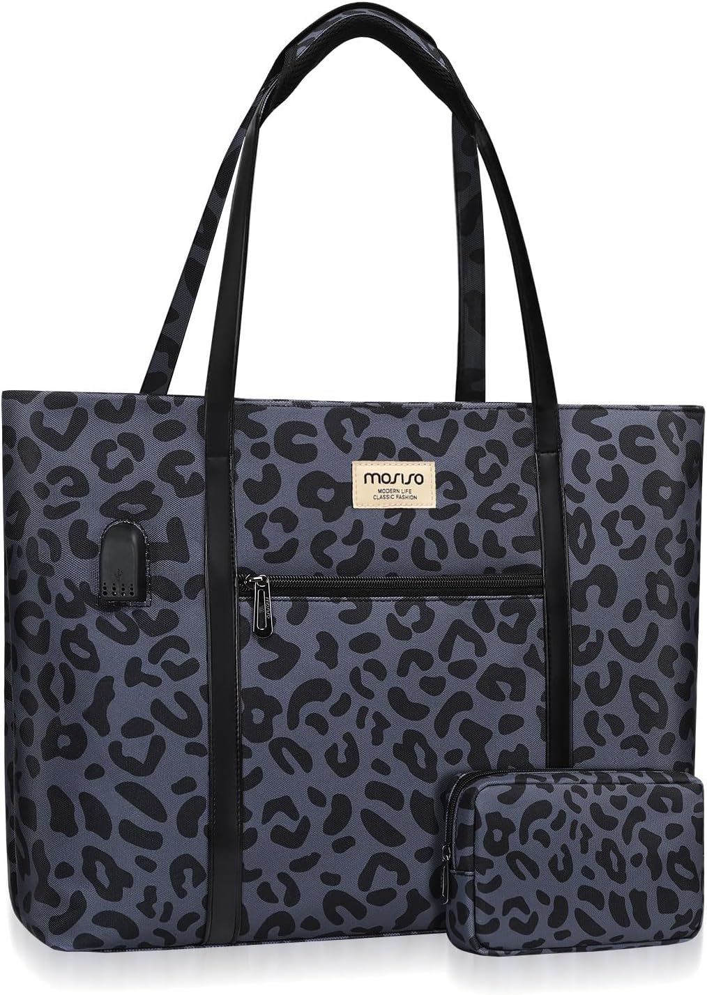 MOSISO USB Charging Port Laptop Bags for Women, Compatible with MacBook, 17-17.3 inch Notebook and Chromebook, Leopard Grain Work Tote Bag Travel Handbag Business Computer Bag with Small Purse, Black iMosiso