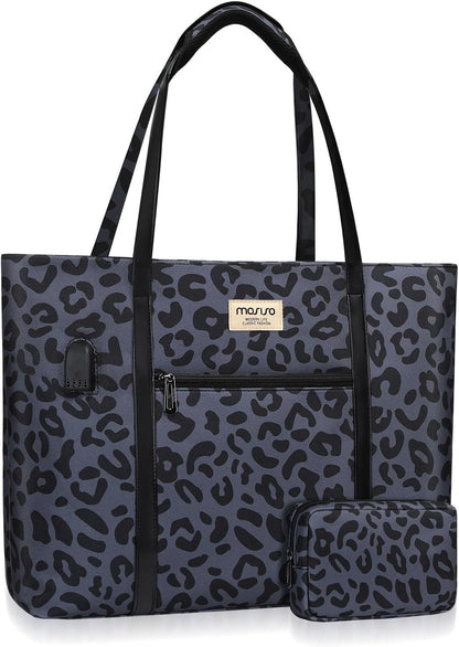 MOSISO USB Charging Port Laptop Bags for Women, Compatible with MacBook, 17-17.3 inch Notebook and Chromebook, Leopard Grain Work Tote Bag Travel Handbag Business Computer Bag with Small Purse, Black iMosiso