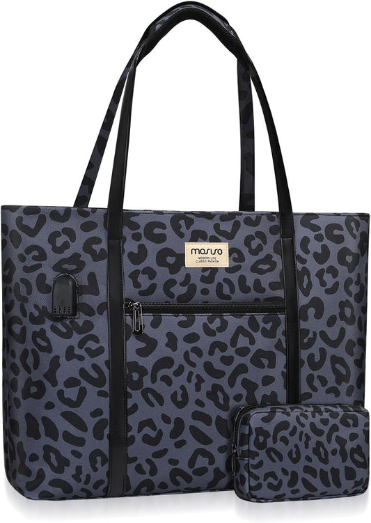MOSISO USB Charging Port Laptop Bags for Women, Compatible with MacBook, 17-17.3 inch Notebook and Chromebook, Leopard Grain Work Tote Bag Travel Handbag Business Computer Bag with Small Purse, Black iMosiso