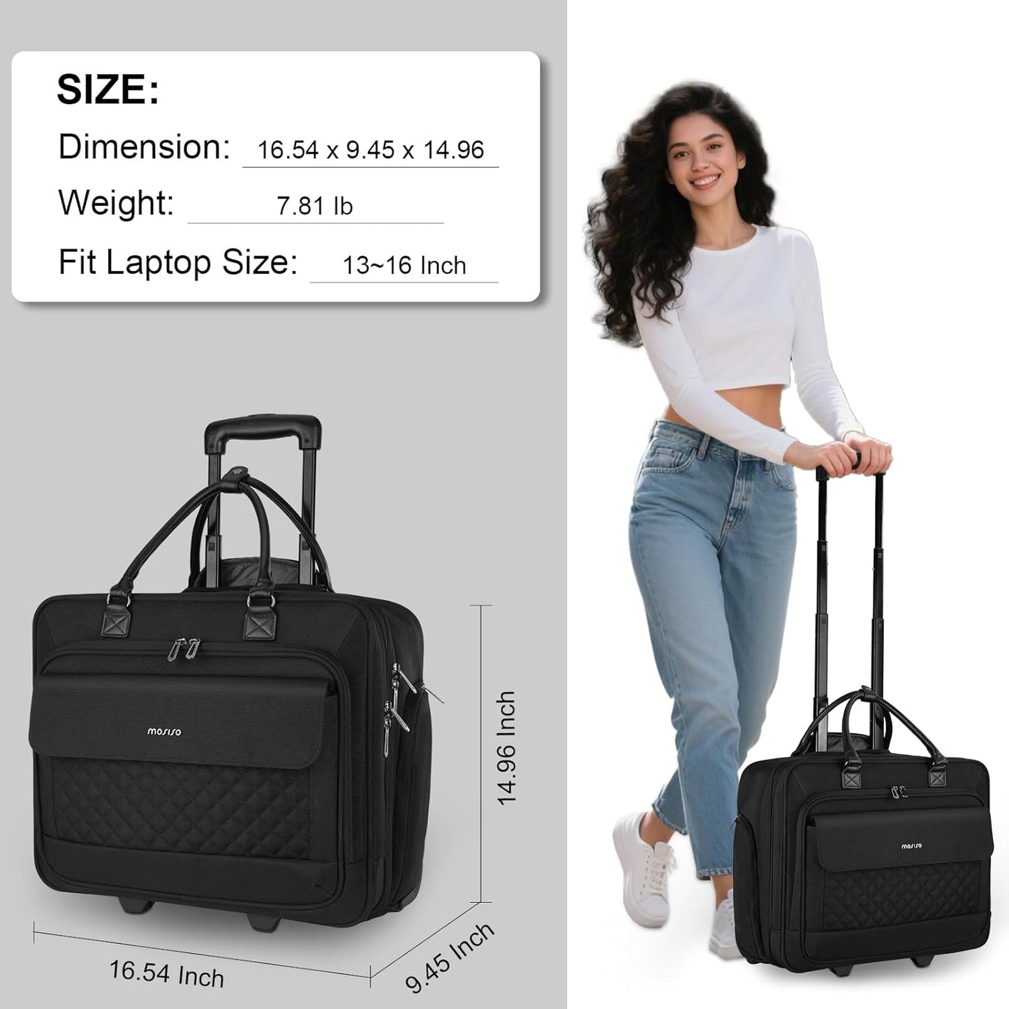 MOSISO Rolling Laptop Bag, 15.6 inch Rolling Briefcase for Women Men, Expandable Overnight Computer Bag with Flapover Pocket & Belt on 2 Wheels for Work Travel Business, Black