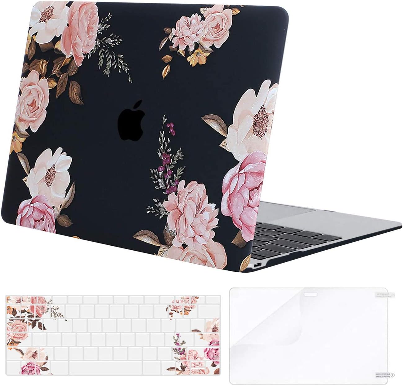 MOSISO Compatible with MacBook 12 inch Case with Retina Display (Model A1534, Release 2017 2016 2015), Plastic Peony Hard Shell Case & Keyboard Cover & Screen Protector, Black