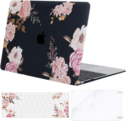 MOSISO Compatible with MacBook 12 inch Case with Retina Display (Model A1534, Release 2017 2016 2015), Plastic Peony Hard Shell Case & Keyboard Cover & Screen Protector, Black