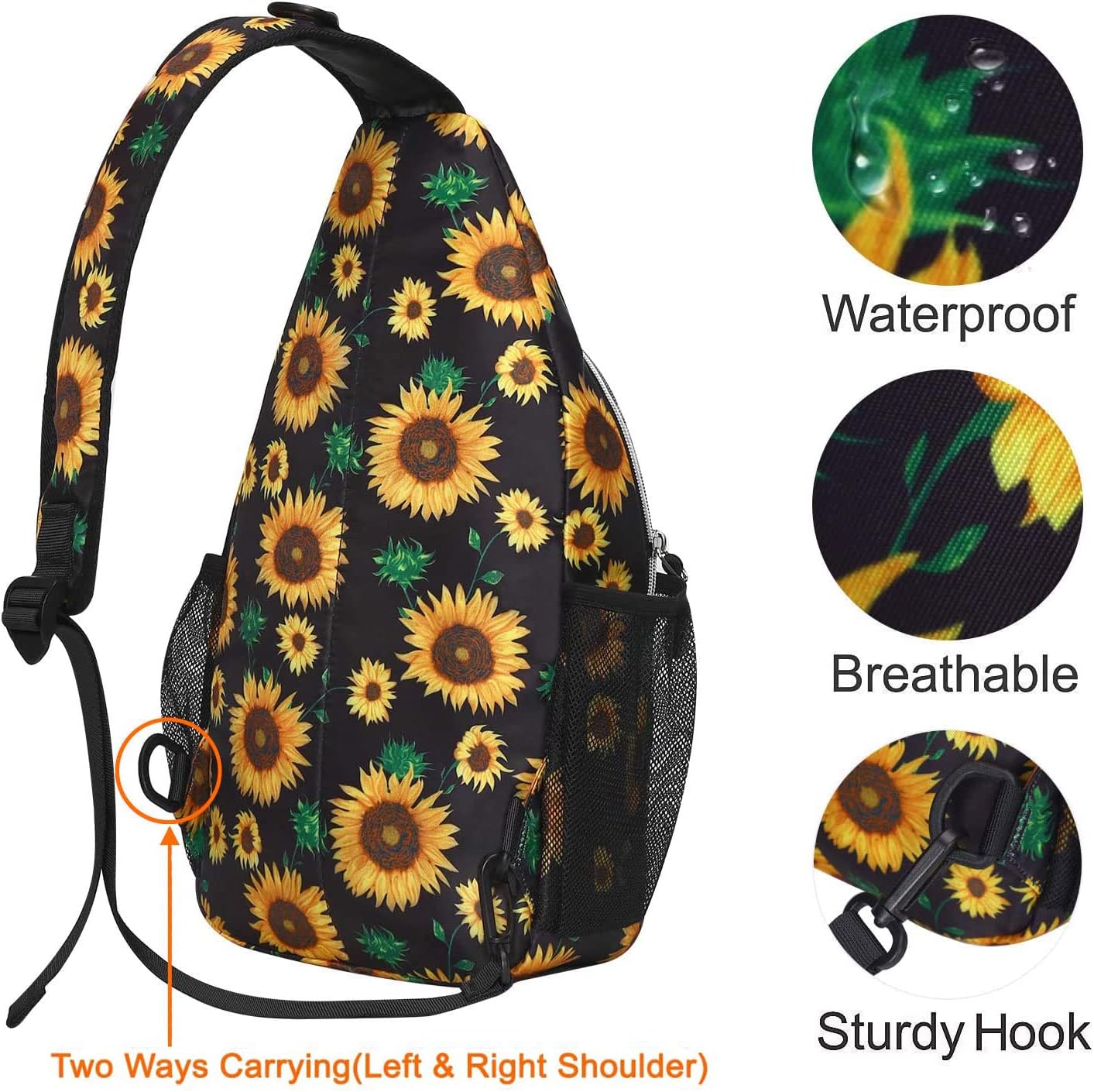 MOSISO Sling Backpack,Travel Hiking Daypack Sunflower Rope Crossbody Shoulder Bag, Black