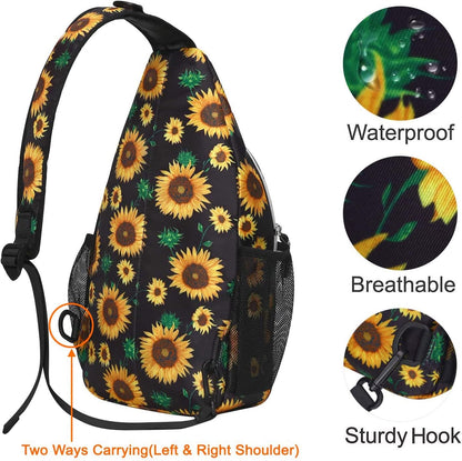 MOSISO Sling Backpack,Travel Hiking Daypack Sunflower Rope Crossbody Shoulder Bag, Black