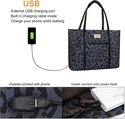 MOSISO USB Charging Port Laptop Bags for Women, Compatible with MacBook, 17-17.3 inch Notebook and Chromebook, Leopard Grain Work Tote Bag Travel Handbag Business Computer Bag with Small Purse, Black iMosiso