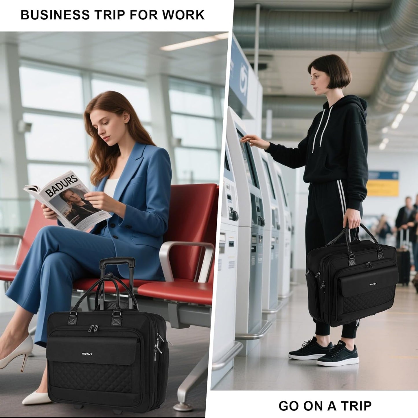 MOSISO Rolling Laptop Bag, 15.6 inch Rolling Briefcase for Women Men, Expandable Overnight Computer Bag with Flapover Pocket & Belt on 2 Wheels for Work Travel Business, Black