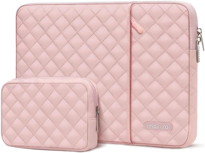 MOSISO Laptop Case 13-16inch, 13-16 inch Laptop Sleeve Compatible with MacBook Air/Pro 13 / Pro 14, HP Dell Acer ASUS Lenovo,Square Quilted Vertical Computer Bag with Pocket&Small Case, Chalk Pink
