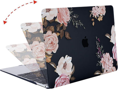 MOSISO Compatible with MacBook 12 inch Case with Retina Display (Model A1534, Release 2017 2016 2015), Plastic Peony Hard Shell Case & Keyboard Cover & Screen Protector, Black