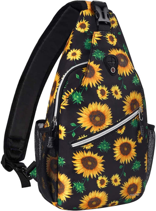 MOSISO Sling Backpack,Travel Hiking Daypack Sunflower Rope Crossbody Shoulder Bag, Black