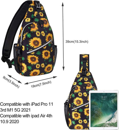 MOSISO Sling Backpack,Travel Hiking Daypack Sunflower Rope Crossbody Shoulder Bag, Black