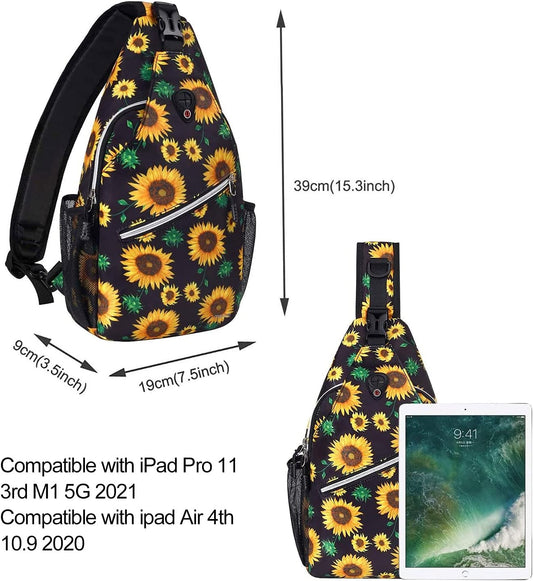 MOSISO Sling Backpack,Travel Hiking Daypack Sunflower Rope Crossbody Shoulder Bag, Black