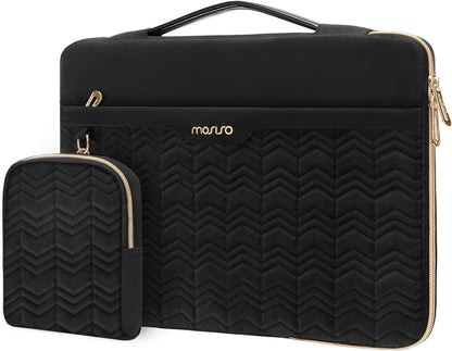 MOSISO 360 Protective Laptop Sleeve 13-14 inch, Compatible with MacBook Air 13 M2 M1, Compatible with MacBook Pro 13/14 inch, Wavy Quilted Side Open Bag with Horizontal Pockets&Small Case&Belt, Black iMosiso