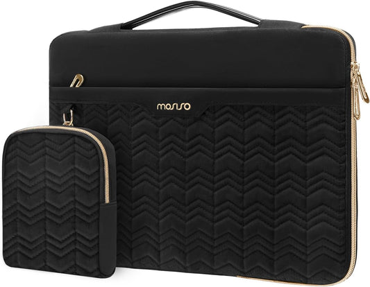 MOSISO 360 Protective Laptop Sleeve 13-14 inch, Compatible with MacBook Air 13 M2 M1, Compatible with MacBook Pro 13/14 inch, Wavy Quilted Side Open Bag with Horizontal Pockets&Small Case&Belt, Black iMosiso
