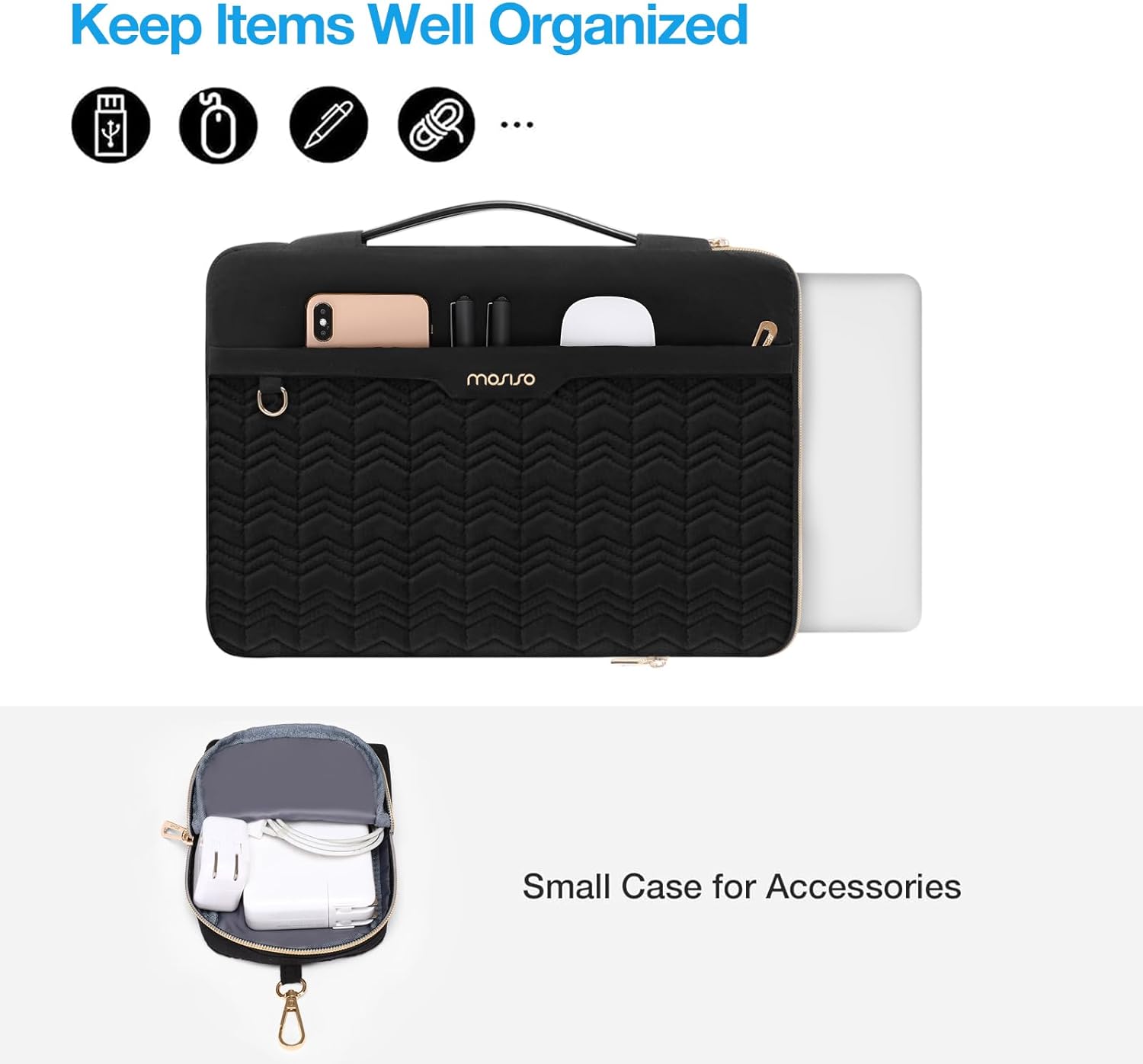 MOSISO 360 Protective Laptop Sleeve 13-14 inch, Compatible with MacBook Air 13 M2 M1, Compatible with MacBook Pro 13/14 inch, Wavy Quilted Side Open Bag with Horizontal Pockets&Small Case&Belt, Black iMosiso