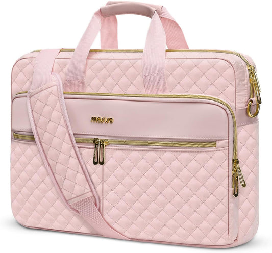 MOSISO Laptop Bag for Women, 15.6 inch Computer Bag Compatible with MacBook 16 inch, HP, Dell, Lenovo, Asus, Razer Notebook, Square Quilted Thicken Messenger Bag with 3 Pockets & Strap & Belt, Pink iMosiso