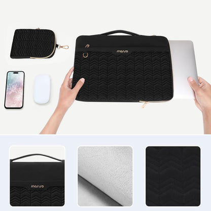 MOSISO 360 Protective Laptop Sleeve 13-14 inch, Compatible with MacBook Air 13 M2 M1, Compatible with MacBook Pro 13/14 inch, Wavy Quilted Side Open Bag with Horizontal Pockets&Small Case&Belt, Black iMosiso