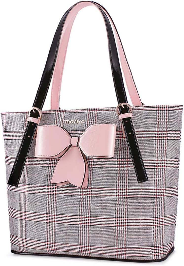 MOSISO Laptop Bag for Women Compatible with MacBook Air 15 inch M2 A2941 2023/Pro 16 inch M3 M2 M1 2023-2019, PU Leather Large Capacity Travel Briefcase with Bowknot Grid MO-GID001GYPK iMosiso