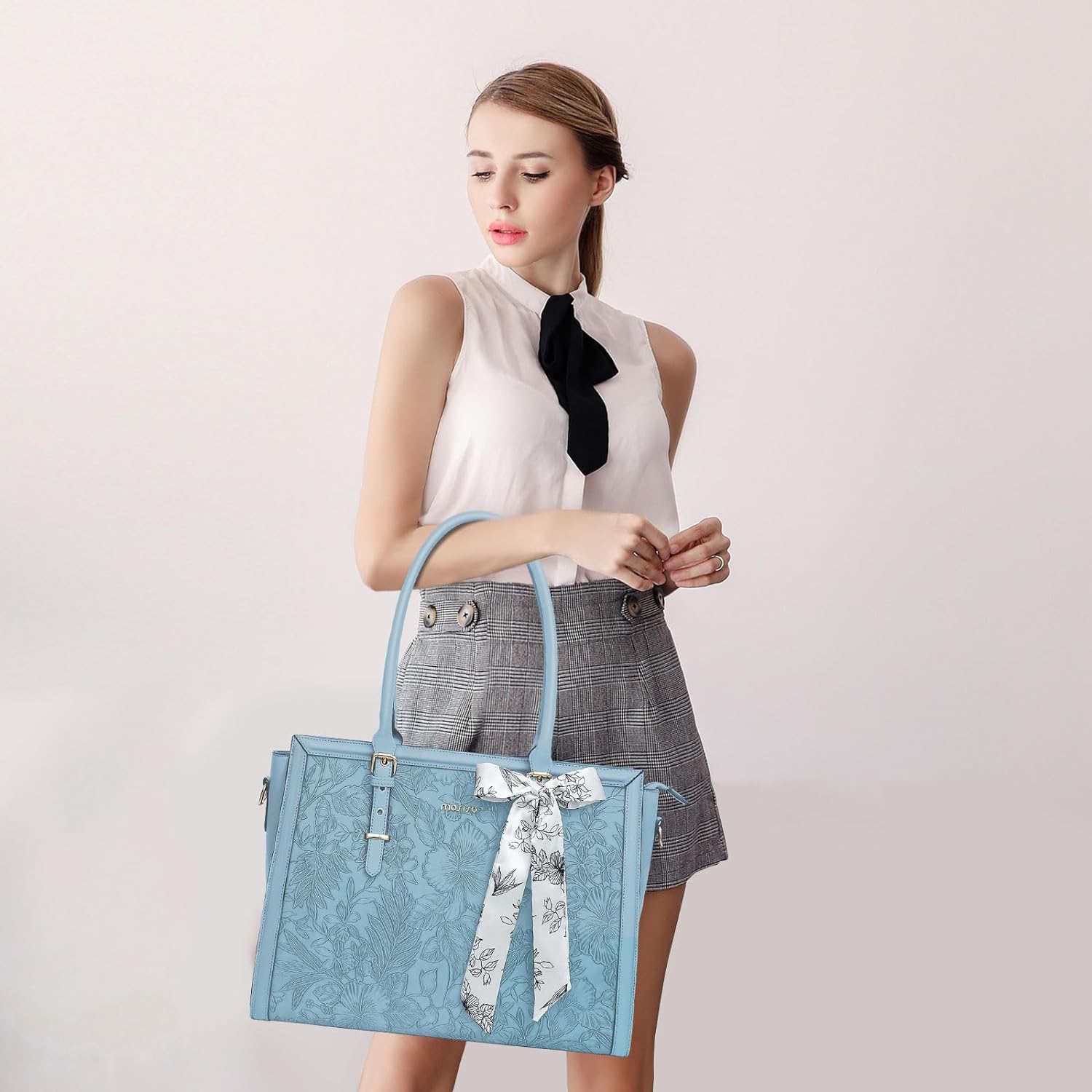 MOSISO Laptop Bag for Women, 15.6-16 inch PU Leathe Tote Bag Compatible with MacBook, HP, Dell, Asus Notebook, Front Embossed Retro Hibiscus Computer Bag with Silk Scarf&Clutch Purse, Air Blue iMosiso