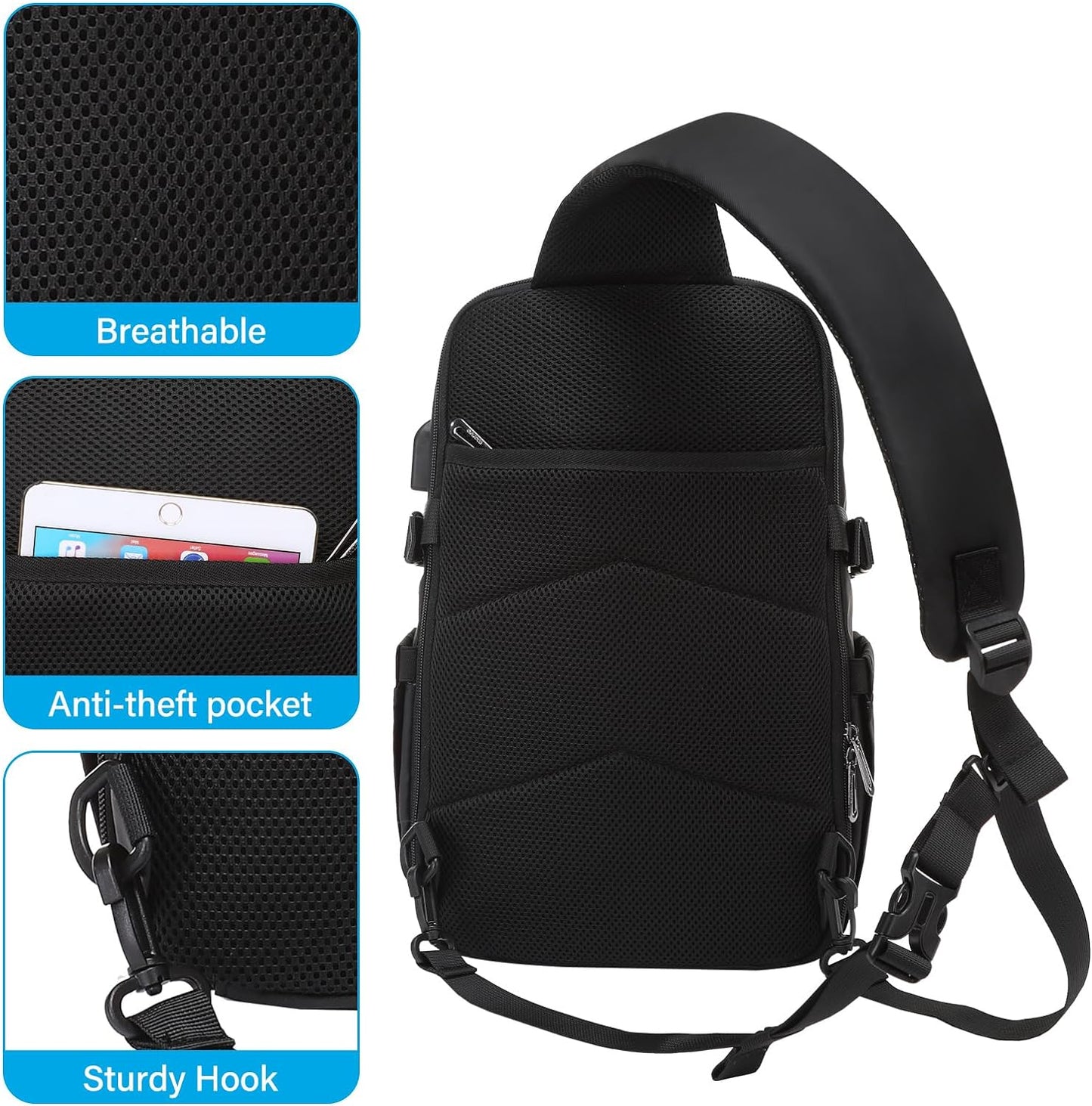 MOSISO Sling Backpack Travel Hiking Daypack for Men Women, Waterproof Crossbody Sling Bag with USB Charging Port & 2 Front Pockets One Shoulder Chest Bag for Outdoor Sports, Black iMosiso