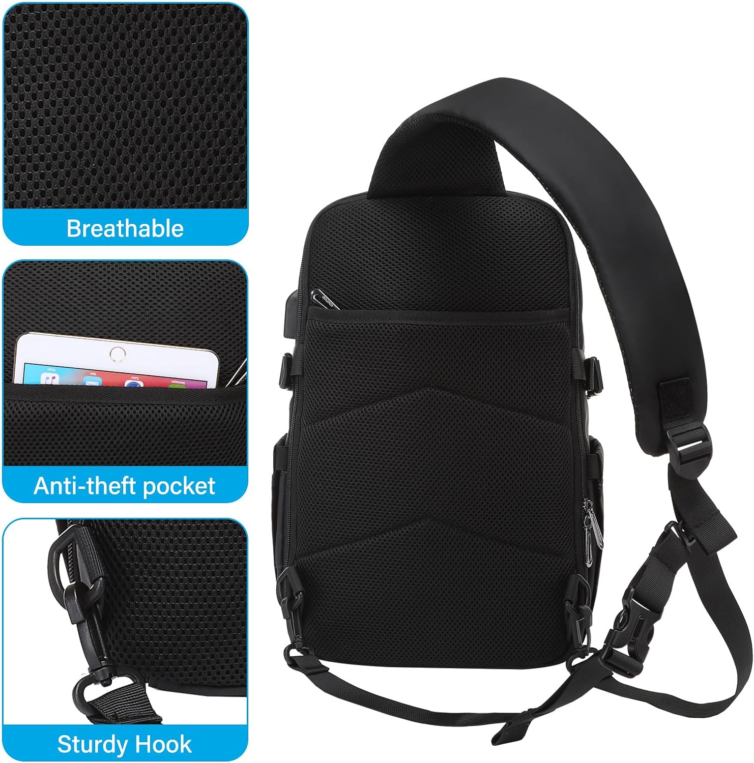 MOSISO Sling Backpack Travel Hiking Daypack for Men Women, Waterproof Crossbody Sling Bag with USB Charging Port & 2 Front Pockets One Shoulder Chest Bag for Outdoor Sports, Black iMosiso