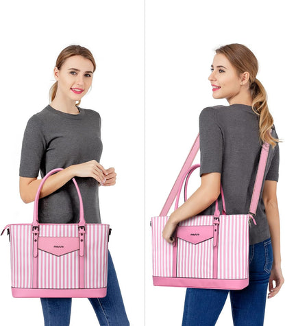 MOSISO Laptop Tote Bag for Women Compatible with MacBook, 17-17.3 inch Notebook and Chromebook, Waterproof Vertical Stripe PU Leather Travel Computer Bag with Envelope Pocket & Small Purse, Pink iMosiso