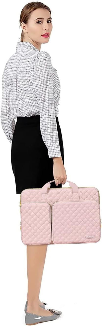 MOSISO 360 Protective Laptop Sleeve Compatible with MacBook Air/Pro,13-13.3 inch Notebook,Compatible with MacBook Pro 14 M3 M2 M1 2023-2021, Square Quilted Bag with 2 Pockets&Handle&Belt, Chalk Pink iMosiso