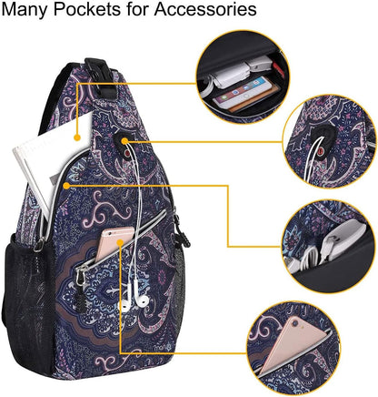 MOSISO Sling Backpack,Travel Hiking Daypack Pattern Rope Crossbody Shoulder Bag, Navy Blue Base Totem Texture
