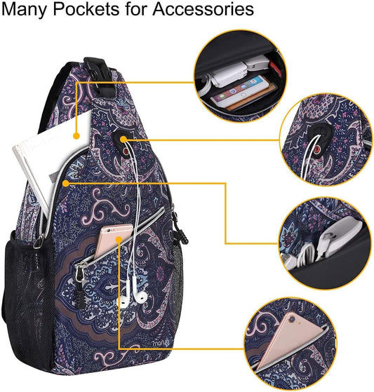 MOSISO Sling Backpack,Travel Hiking Daypack Pattern Rope Crossbody Shoulder Bag, Navy Blue Base Totem Texture