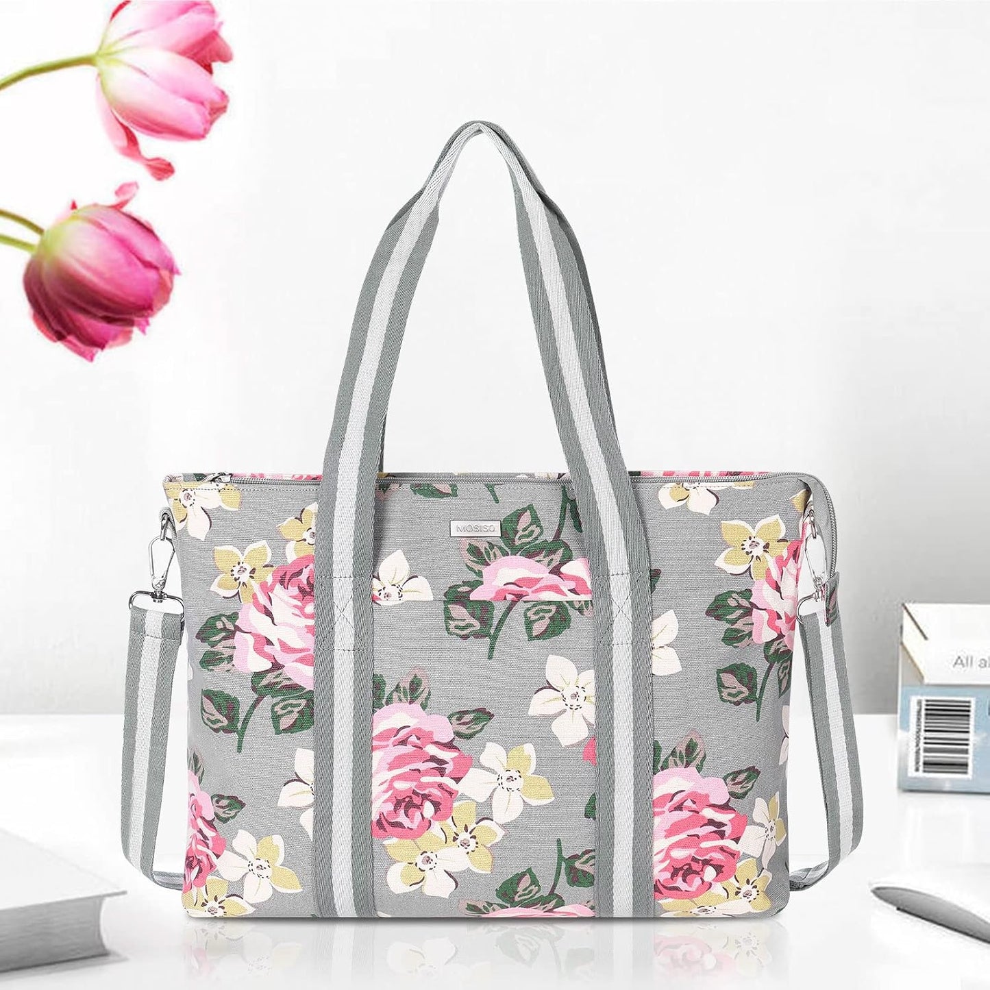 MOSISO Laptop Tote Bag for Women (17-17.3 inch), Canvas Rose Multifunctional Work Travel Shopping Duffel Carrying Shoulder Handbag Compatible with MacBook, Notebook and Chromebook, Grey
