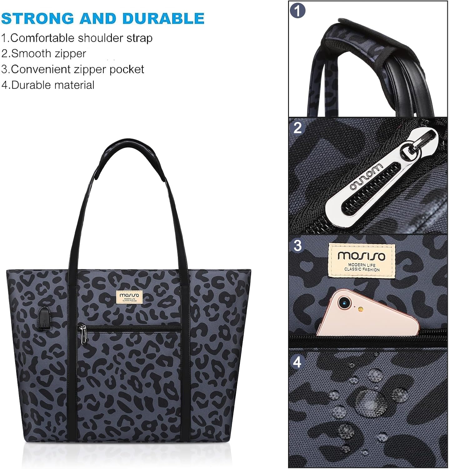 MOSISO USB Charging Port Laptop Bags for Women, Compatible with MacBook, 17-17.3 inch Notebook and Chromebook, Leopard Grain Work Tote Bag Travel Handbag Business Computer Bag with Small Purse, Black iMosiso