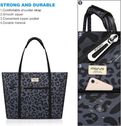 MOSISO USB Charging Port Laptop Bags for Women, Compatible with MacBook, 17-17.3 inch Notebook and Chromebook, Leopard Grain Work Tote Bag Travel Handbag Business Computer Bag with Small Purse, Black iMosiso