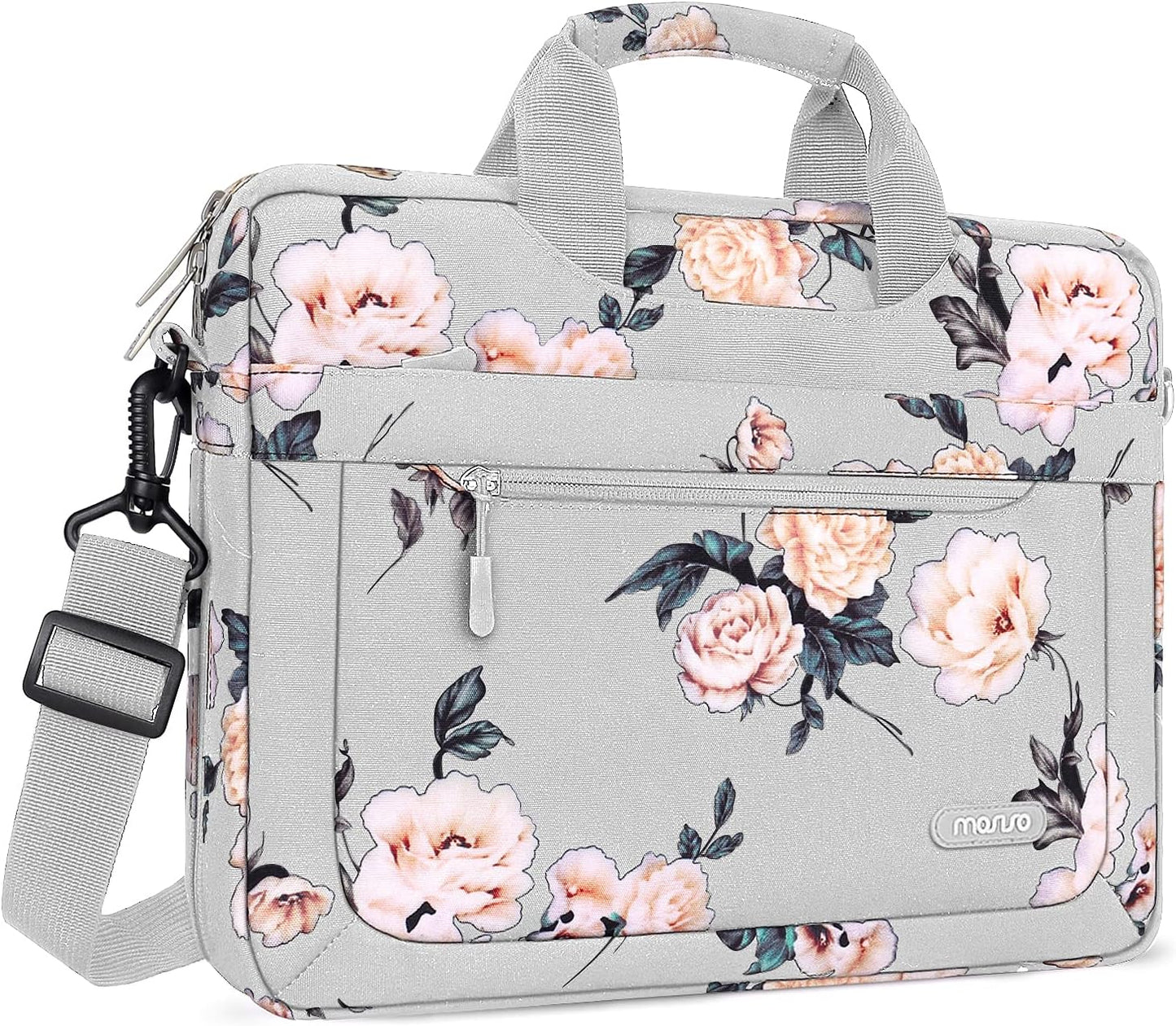 MOSISO Laptop Shoulder Bag for Women, 13.3-15.6 inch Computer Bag Compatible with MacBook Air 15 inch/Pro 16 inch, HP Dell Lenovo Asus, 15.6 inch Camellia Sleeve with Adjustable Depth at Bottom, Grey