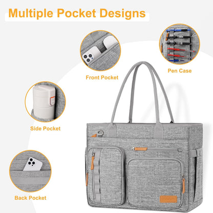 MOSISO Multi-Pocket Teacher Tote Bag, 15.6-Inch Laptop Compatible, USB Charging Port, Insulated Side Pockets & Rear Trolley Sleeve