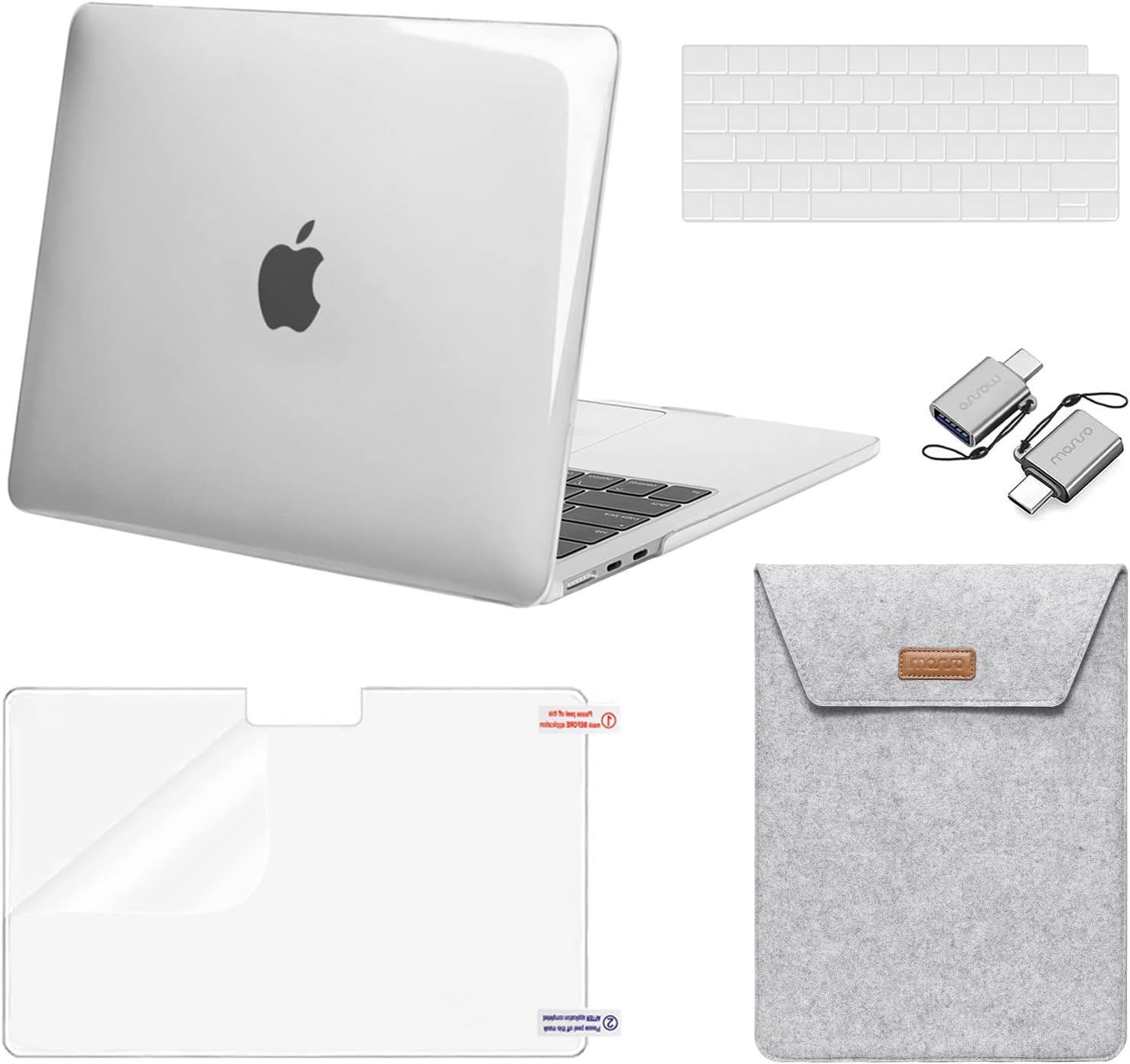 MOSISO Compatible with MacBook Air 13.6 inch Case 2022 2023 Release A2681 M2 Chip Touch ID, Plastic Hard Shell&Flap Felt Sleeve Bag&Keyboard Cover&Screen Protector&Type C Adapter 2 Pack, Clear&Gray iMosiso
