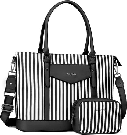 MOSISO Laptop Tote Bag for Women Compatible with MacBook, 17-17.3 inch Notebook and Chromebook, Waterproof Vertical Stripe PU Leather Travel Computer Bag with Envelope Pocket & Small Purse, Black iMosiso
