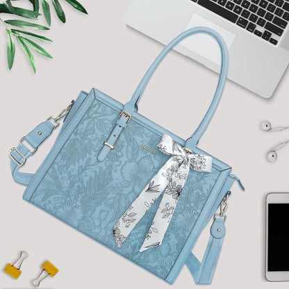 MOSISO Laptop Bag for Women, 15.6-16 inch PU Leathe Tote Bag Compatible with MacBook, HP, Dell, Asus Notebook, Front Embossed Retro Hibiscus Computer Bag with Silk Scarf&Clutch Purse, Air Blue iMosiso