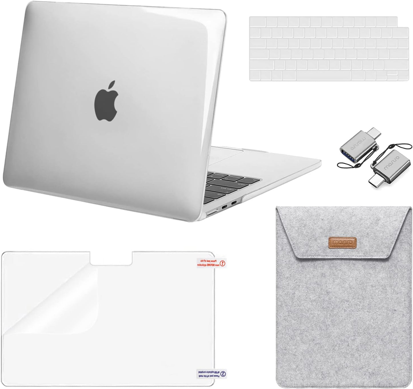 MOSISO Compatible with MacBook Air 13.6 inch Case 2022 2023 Release A2681 M2 Chip Touch ID, Plastic Hard Shell&Flap Felt Sleeve Bag&Keyboard Cover&Screen Protector&Type C Adapter 2 Pack, Clear&Gray iMosiso