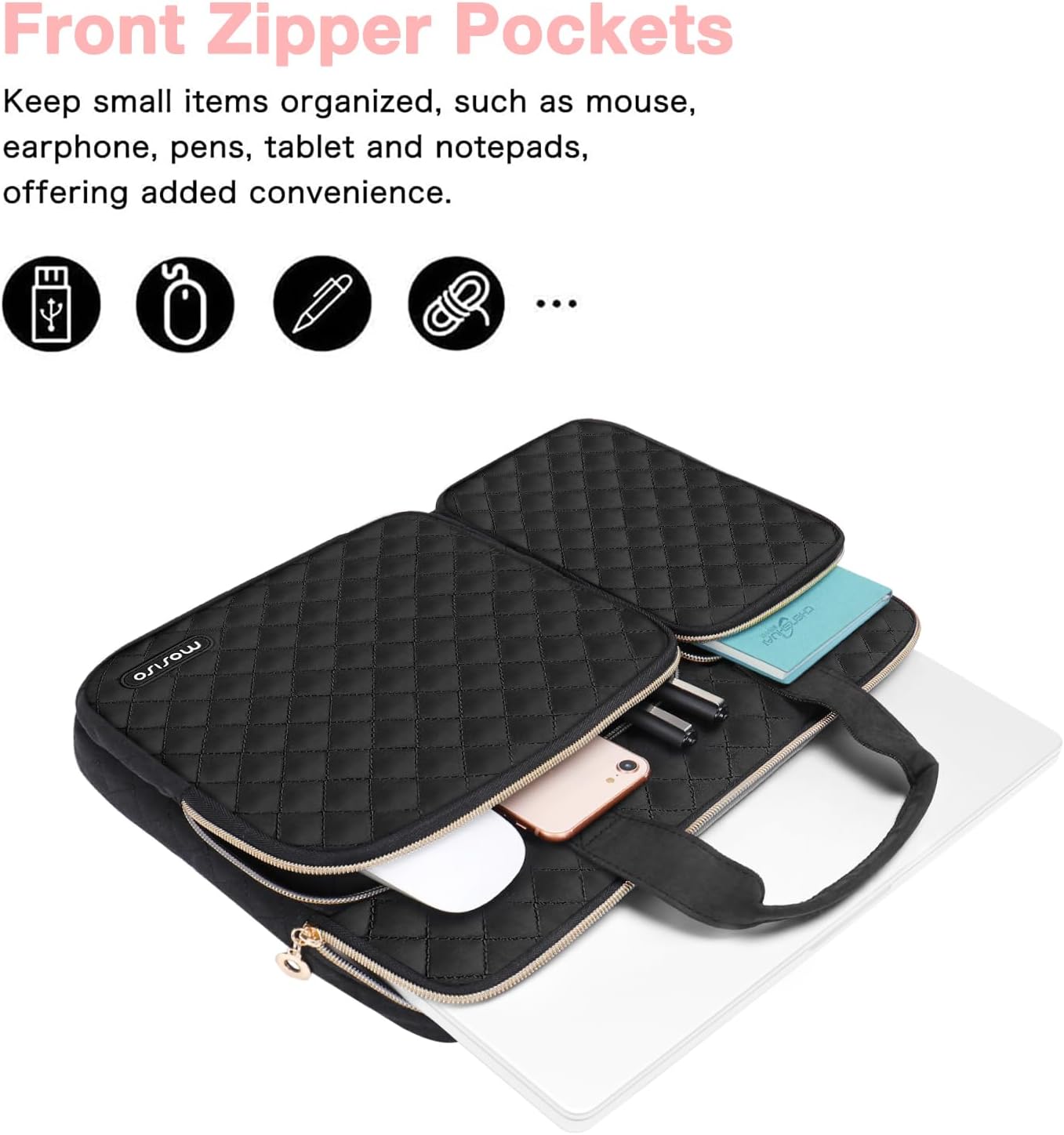 MOSISO 360 Protective Laptop Sleeve Compatible with MacBook Air/Pro, 13-13.3 inch Notebook,Compatible with MacBook Pro 14 inch 2023-2021 M2 M1, Square Quilted Bag with 2 Pockets&Handle&Belt, Black iMosiso