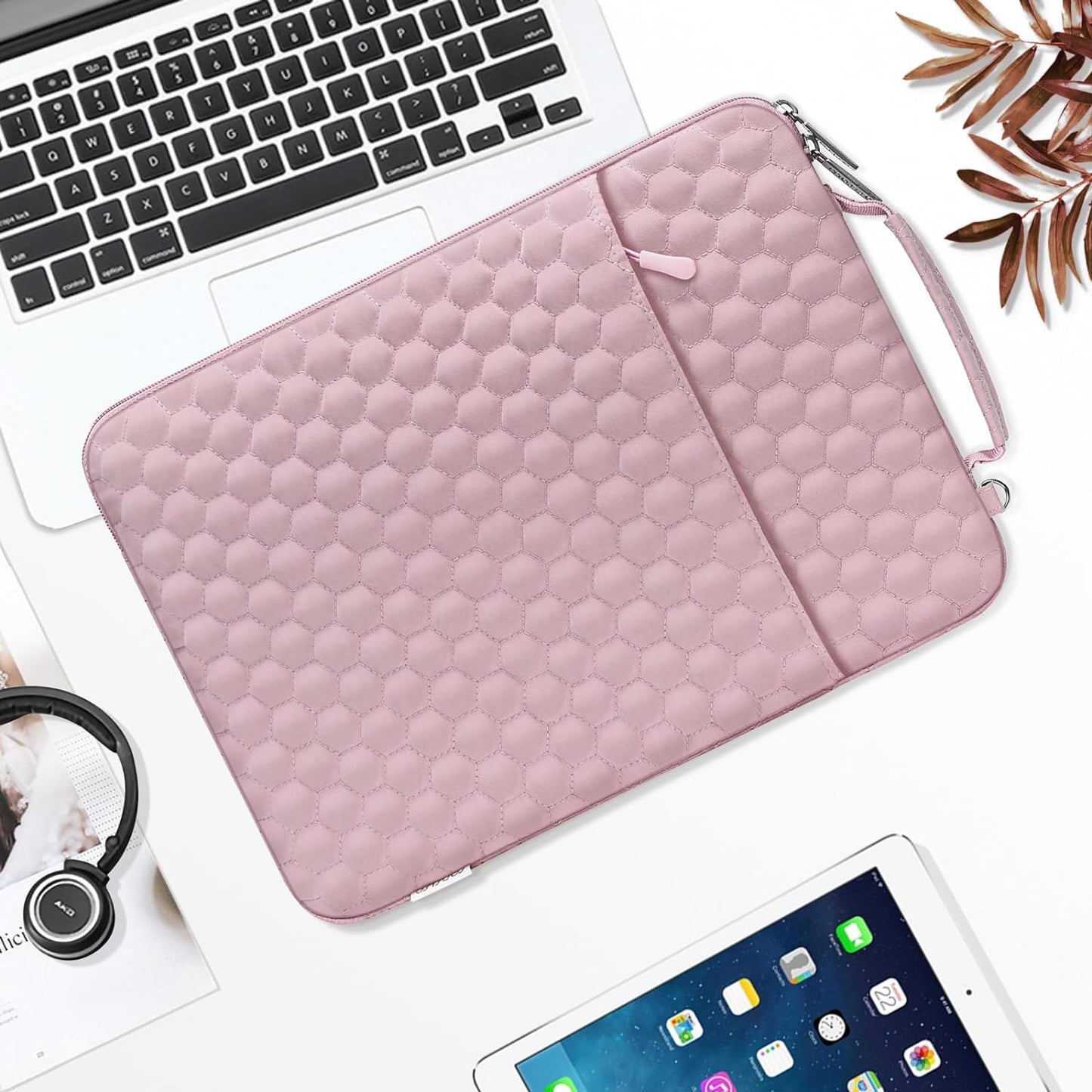 MOSISO Laptop Sleeve Compatible with MacBook Air/Pro, 13-13.3 inch Notebook, Compatible with MacBook Pro 14 inch M3 M2 M1 Chip 2023-2021, Hexagon Vertical Bag with Small Case&Side Handle&Belt, Pink iMosiso