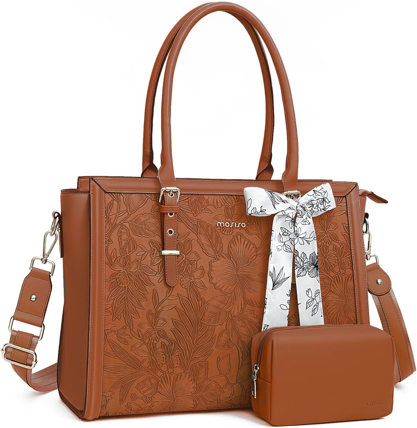 MOSISO Laptop Bag for Women, 15.6-16 inch PU Leathe Tote Bag Compatible with MacBook, HP, Dell, Asus Notebook, Front Embossed Retro Hibiscus Computer Bag with Silk Scarf&Clutch Purse, Brown iMosiso
