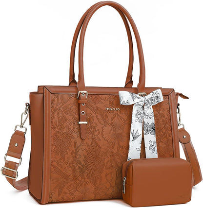 MOSISO Laptop Bag for Women, 15.6-16 inch PU Leathe Tote Bag Compatible with MacBook, HP, Dell, Asus Notebook, Front Embossed Retro Hibiscus Computer Bag with Silk Scarf&Clutch Purse, Brown iMosiso