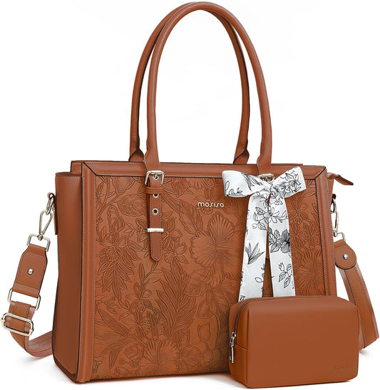 MOSISO Laptop Bag for Women, 15.6-16 inch PU Leathe Tote Bag Compatible with MacBook, HP, Dell, Asus Notebook, Front Embossed Retro Hibiscus Computer Bag with Silk Scarf&Clutch Purse, Brown iMosiso