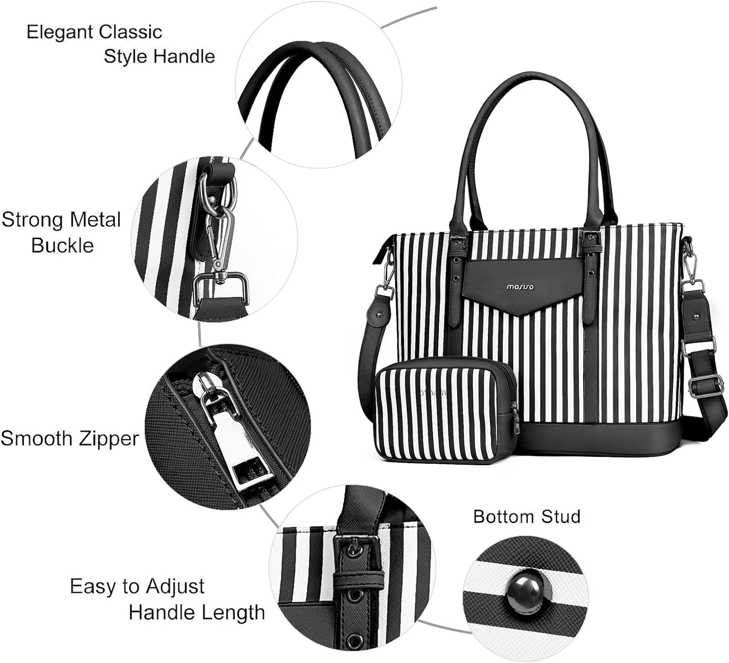 MOSISO Laptop Tote Bag for Women Compatible with MacBook, 17-17.3 inch Notebook and Chromebook, Waterproof Vertical Stripe PU Leather Travel Computer Bag with Envelope Pocket & Small Purse, Black iMosiso