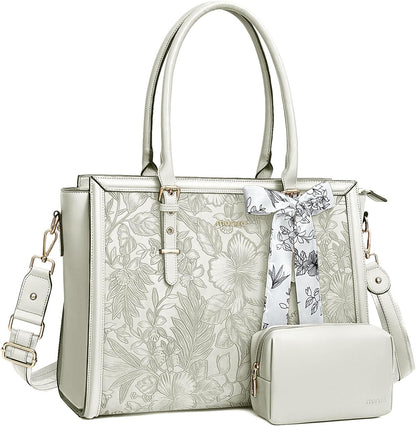 MOSISO Laptop Bag for Women, 15.6-16 inch PU Leathe Tote Bag Compatible with MacBook, HP, Dell, Asus Notebook, Front Embossed Retro Hibiscus Computer Bag with Silk Scarf&Clutch Purse, Beige iMosiso