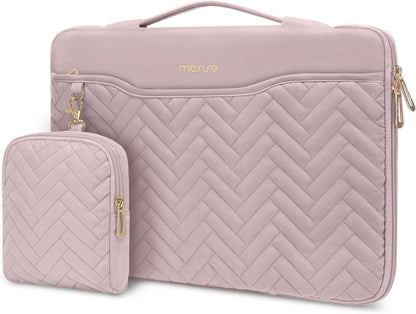 MOSISO 13-14 inch 360 Protective Laptop Sleeve Compatible with MacBook Air/Pro, 13-13.3 inch Notebook, Compatible with MacBook Pro 14, Rectangle Quilted Bag with Handle&Pocket&Small Case&Belt, Pink iMosiso
