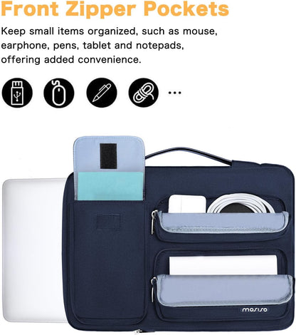 MOSISO 360 Protective Laptop Sleeve Compatible with MacBook Air/Pro, 13-13.3 inch Notebook, Compatible with MacBook Pro 14 inch M2 M1, Side Open Bag with 2 Raised&1 Flapover Pockets&Belt, Navy Blue iMosiso