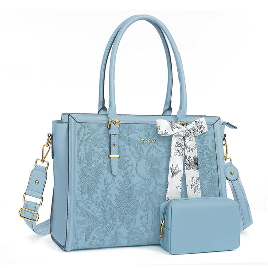 MOSISO Laptop Bag for Women, PU Leather Tote Bag, Front Embossed Retro Hibiscus Computer Bags with Silk Scarf&Clutch Purse